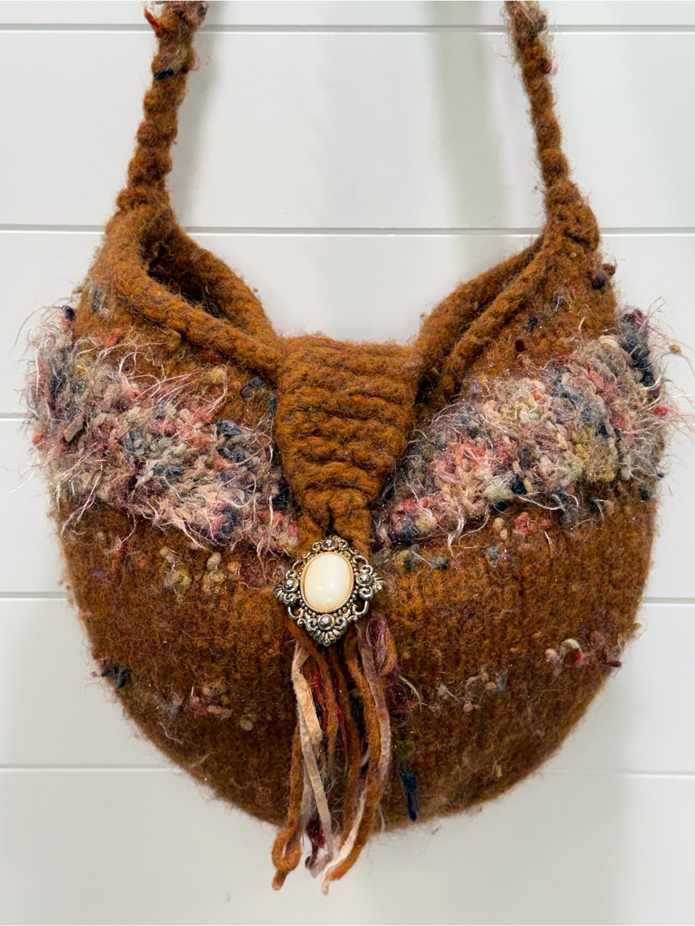 Handcrafted Brown Wool Hobo Bag with Decorative Brooch